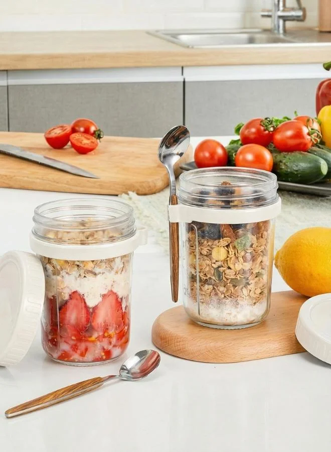 Casa Quesera  Overnight Oats Glass Jars Set of 6 (16oz) – Leakproof Containers with Spoons | 3 Grey & 3 White Lids |  | Best Price UAE